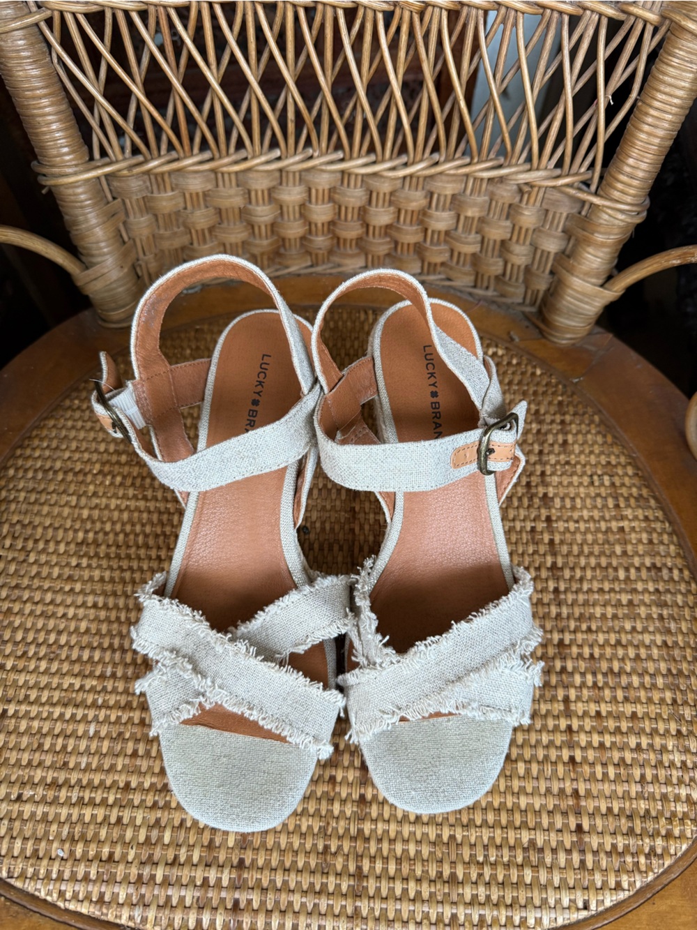 Lucky Brand Frayed Cross-Strap Sandals in Cream